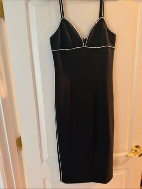 cinq a sept Black Rhinestone-Trim Midi Dress